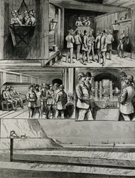 Las obras del túnel del Canal en Dover: Bajando en la jaula; Llegada al fondo del pozo; Swindon Junction; Máquina perforadora de aire comprimido; Sección del túnel, de 
